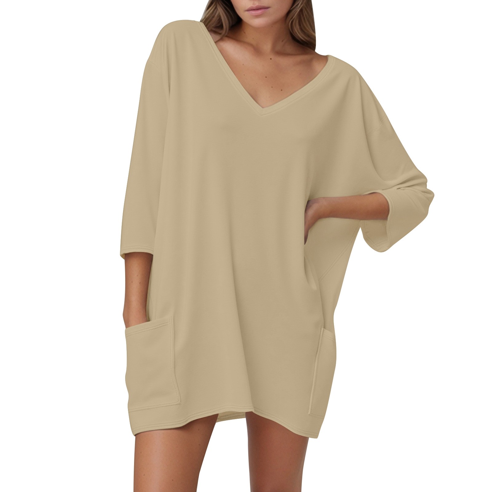 thumbnail image 1 of Camiseta holgada de cuello en V y manga 7/8 para mujer: mangas 7/8 de moda, corte relajado, tejido transpirable, 1 of 5